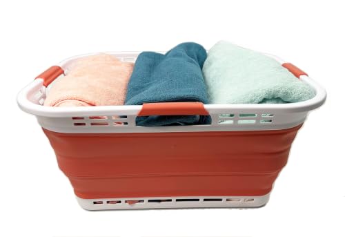 Image of SAMMART Set of 2 Collapsible Plastic Storage Basket - Foldable Pop Up Storage Container - Portable Laundry Organizer - Space Saving Hamper (White /Blush Red, 42L (Style A))