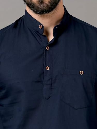 Image of DEEMOON Men's Cotton Blend Full Sleeve Short Kurta with Mandarin Collar Crafted from a Premium Cotton Blend