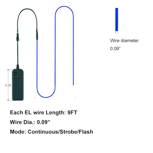 Image of MaxLax EL Wire Blue 5-Pack, 9ft /2.75m Neon Light Wire with Noise Reduction and Battery Pack