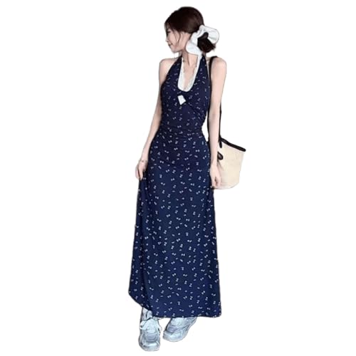 French lace Sleeveless Hanging Neck Floral Dress, Children's Seaside Suspender Dress, Hip Hugging Long Skirt