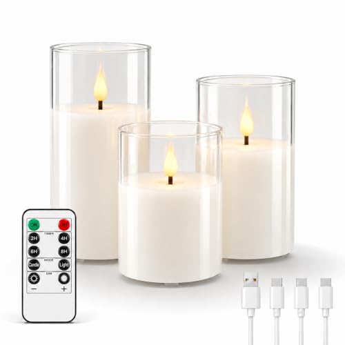 Image of Lezonic Rechargeable Flameless Glass Pillar Candles Set of 3, White Real Wax LED Type-C USB Electric Battery Operated Candles with Remote Timer, Flickering Long Lasting for Bedroom Living Room Decor