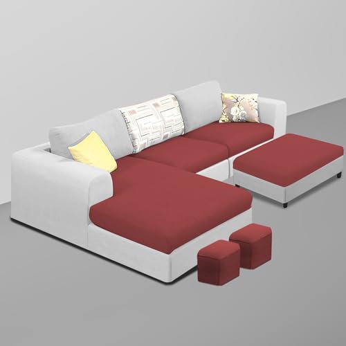 Image of Koza LHS 4 Seater L Shape Sofa Set with Center Table for Living Room (Maroon Grey Fabric) Premium Fabric Sofa