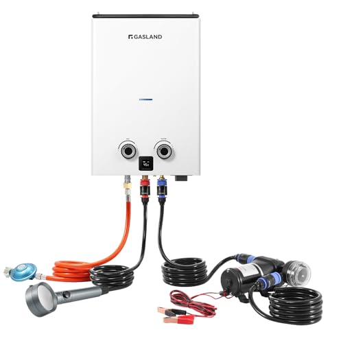 GASLAND Go Shower Series G10 Pro-DE - Calentador de agua de gas de 10 litros con bomba de agua para exteriores, butano (50 mbar)/propano (50 mbar), para camping, caravana, granero