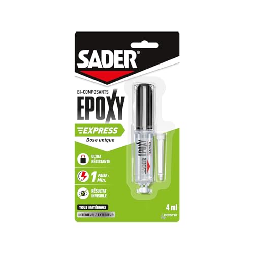 SADER - Colle Epoxy bi-composant Express - Colle forte et résistante - Prise en 1 Minute - Tous Matériaux - Transparent - Seringue 4ml