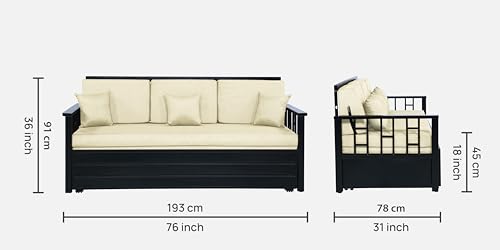 Image of Wiki 3 Seater Metal Sofa Cum Bed with Hydraulic Storage | Queen Size Sofa Cuma Bed | 3 Seater Sofa Set, Metal Sofa Set for Living Room (Matte Black Finish with White Cushion)