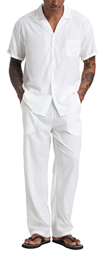 Men's Beach Clothes 2 Piece Outfits Sets Casual Short Sleeve Button Down Shirt Yoga Pants Vacation Suit Summer linen2