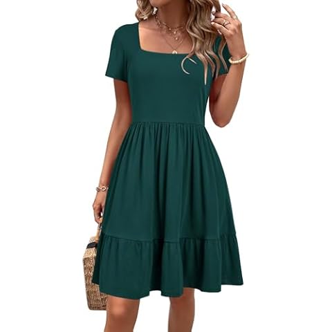Newshows Women's 2025 Summer Dress Beach Vacation Outfits Square Neck Business Casual Outfits Semi Formal Dresses Tiered Swing Flowy Sundress with Pockets(Dark Green,M) Cover