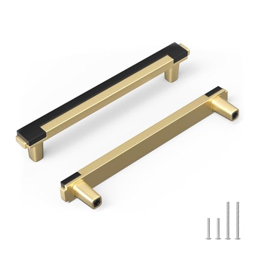 Rergy 10 Pack 5 Inch Black and Gold Cabinet Pulls Gold Drawer Pulls Kitchen Cabinet Handles Black Drawer Handles Zinc Alloy Square Hardware for Cupboard 128mm Hole Center