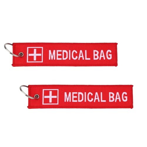 2 etiquetas de alerta médica para bolsa, etiquetas rojas de equipaje médico, etiqueta de equipaje de equipo médico de doble cara con 2 llaveros, regalos paramédicos para equipaje y mochilas
