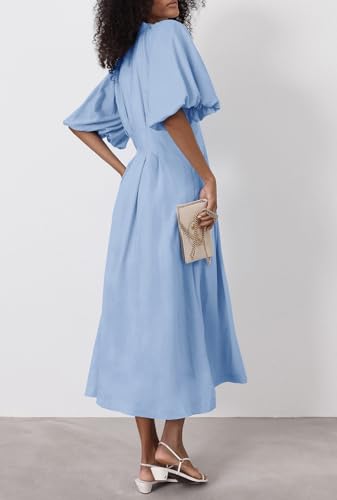 Image of chouyatou Women Summer Puff Sleeve Button Down Shirt Dress Flowy Elegant Business Casual Midi Long Dress