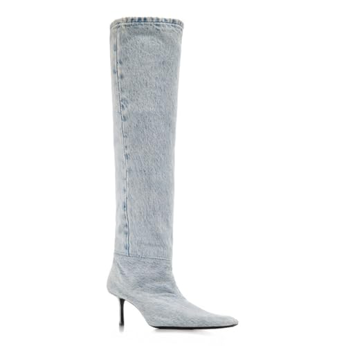 Image of Saint Leia Women's Knee High Boots Pointed Toe Denim 2.76Inch Stiletto Heel Boots
