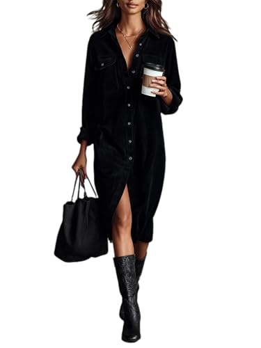 Damen Midi-Hemdkleid aus Cord, Knopfleiste, 2025, Vintage, lässig, lockerer Reverskragen, langärmelig, Knopfleiste, Midikleid, Schwarz , XL