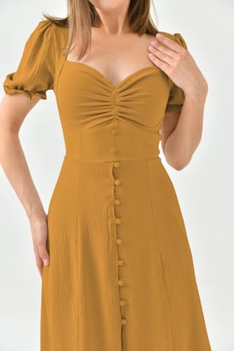 Image of Shasmi Girl's & Women's Solid Midi Dress - Elegant Square Neck Button-Down Dress with Puff Short Sleeves | Stylish Casual & Party & Office Wear Outfit (Dress 105)