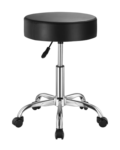 Image of VEVOR Rolling Stool with Wheels, 450 LBS Weight Capacity Round Rolling Stool Chair, Height Adjustable Thickened PU Leather Swivel Stool for Salon, Spa, Massage, Tattoo, Clinic, Black