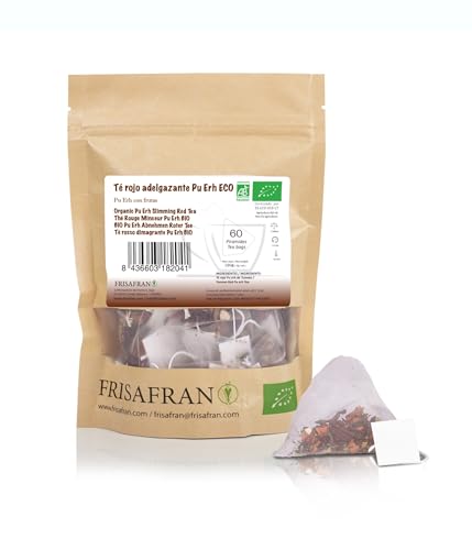 FRISAFRAN | Té Rojo Pu Erh Ecológico pirámides 60Ud | 120g | Adelgazante | Diurético | Digestivo| Detox | Quemagrasa | Drenante | te rojo en bolsitas | té rojo pu erh | natural | infusion sin aditivos