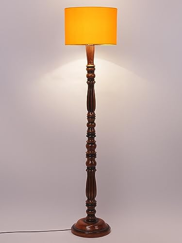Image of Cotton Shade Floor Lamp with Wooden Base - Height 56 Inches, Yellow | Modern Standing Lamp for Living Room, Bedroom, Office | Stylish & Decorative Home Lighting | Elegant Decor
