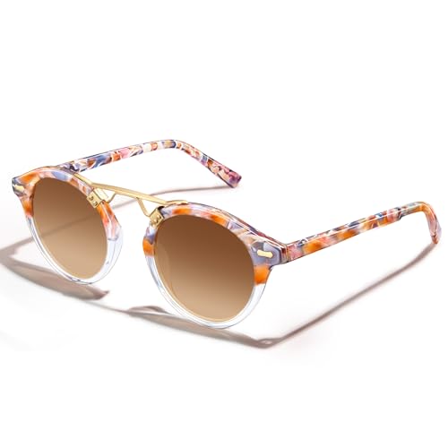 Image of CARFIA Small Face Acetate Polarized Sunglasses for Women UV Protection, Retro Double Bridge Eyewears Metal Brow Round Sunnies