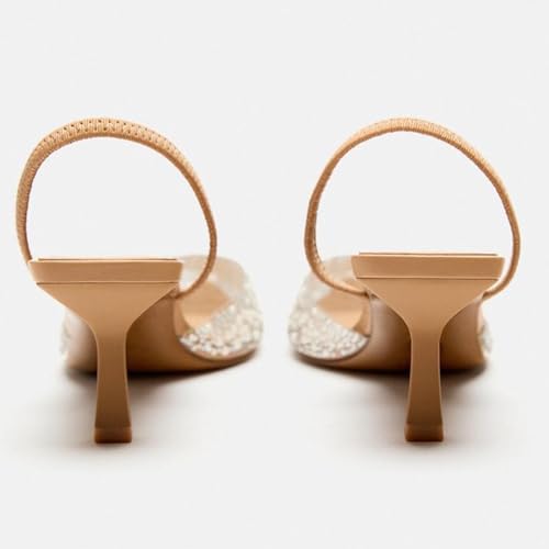 Slingback Kitten Heels for Woman Pearl Crystal Slip On Backless Heeled Sandals Sparkly Party Wedding Rhinestone Pump Shoes4