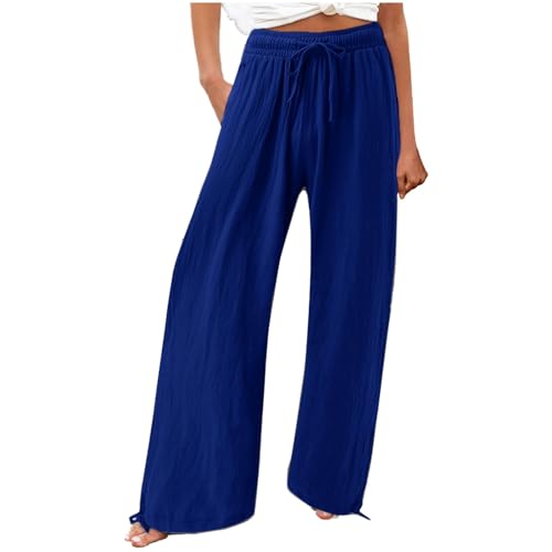 Womens Cotton Linen Palazzo Pants Wide Leg Drawstring Waist Casual Trousers Pockets Summer Beach Vacation Baggy Pant Blue XXXXXL