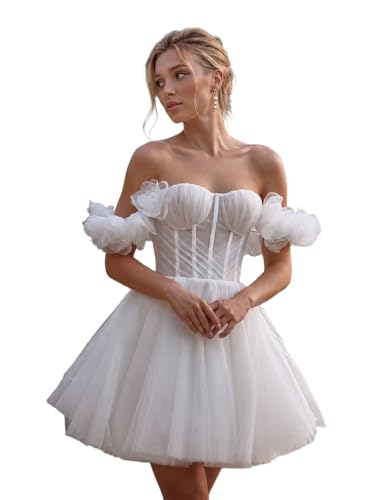Short Wedding Dress for Women 2026 Off Shoulder Bridal Gown Mini A line Wedding Dress Ivory-E 20W