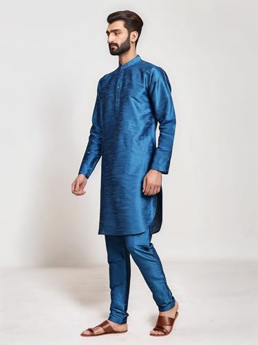 Image of SKAVIJ Men's Art Silk Solid Kurta Pyjama Set Festive Woven Design 2-Piece Ethnic Dress (KP055turquoise Turquoise L)