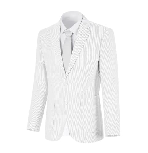 Wehilion Mens Seersucker Suit Jacket Casual Summer Blazer Slim Fit Sport Coats Lightweight Suits Jackets Wedding Prom Tuxedo Blazers White L