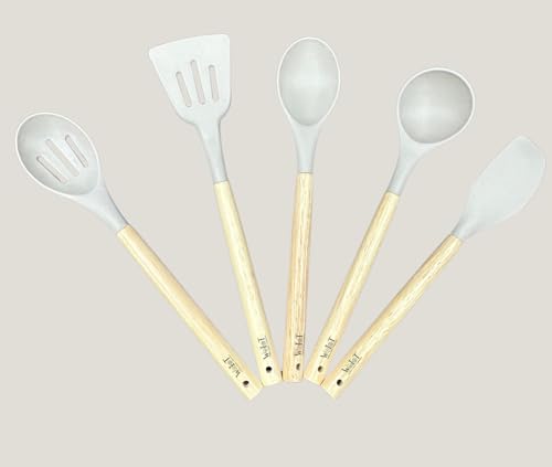 WoIoT Silicone Cooking Utensils Set for Non Stick Cookware | 5 Pcs Heat Resistant Silicone Spatula, Spoon & Turner Set with Wooden Handles | Kitchen Tools Cooking & Baking (White Dove) WoIoT Silicone Cooking Utensils Set for Non Stick Cookware | 5 Pcs Heat Resistant Silicone Spatula, Spoon & Turner Set with Wooden Handles | Kitchen Tools Cooking & Baking (White Dove)