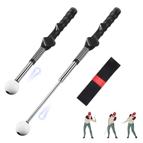 welspo Retractable Golf Swing Trainer Aid with Arm Band, Rhythm Click Sound, Warm-Up and Grip Trainer, Right-Handed Golf Club for Improve Chipping and Hitting Strength(Left+Black)