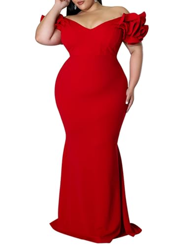 Image of Ekaliy Women's Plus Size Maxi Dress Elegant V-Neck Ruffle Sleeves Bodycon Mermaid Evening Gown
