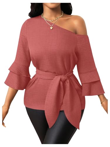 Floerns Women's Asymmetrical Neck Dressy Blouse 3/4 Length Bell Sleeve Office Belted Shirts