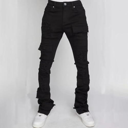 Mens Skinny Straight Leg Stacked Jeans Ripped Distressed Cargo Denim Pants4