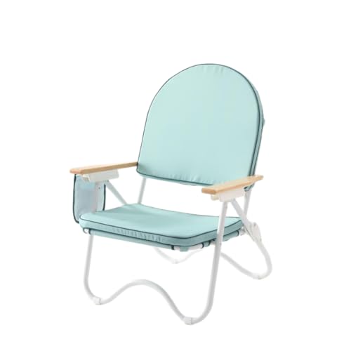 Image of Padded Low Beach Chair, 4-Position Folding Outdoor Chair with Wooden Armrests, Cushioned Seat, Storage Pouch & Carry Strap for Beach, Patio and Lawn, Harbour Cypress Green