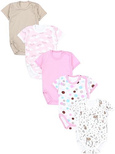 TupTam Baby Body Mädchen 5er Set – Kurzarm Wickelbody aus Baumwolle mit Print, Atmungsaktiv und Hautfreundlich, Farbe: Reh Regenbogen Punkte Puderrosa Beige, Größe: 56