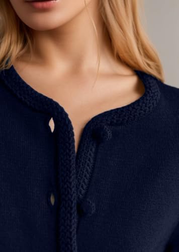 Image of Ythomm Womens Cardigan Sweaters Long Sleeve Open Front Button Crochet Trim Knit Jacket Crewneck Fall Sweater Coat with Pocket Navy