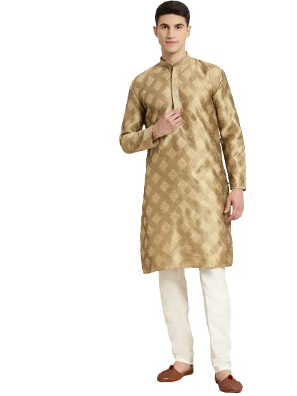Sojanya (Since 1958 Men's Jacquard Silk Gold Self Design Kurta & Off White Churidar Pyjama Set