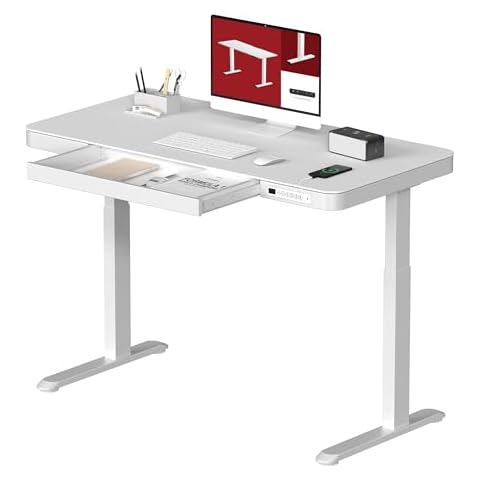 SANODESK Standing Desk with Drawer, Electric Height Adjustable Home Office Desk with Storage & USB Ports, 48 inch White Wood Tabletop/White Frame Cover