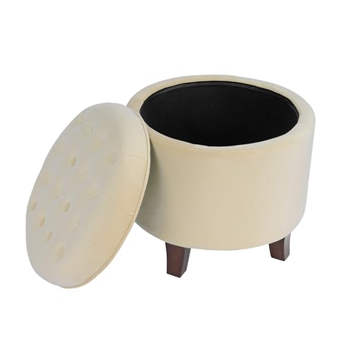 Homepop Home Decor | Upholstered Round Velvet Tufted Foot Rest Ottoman | Ottoman with Storage for Living Room & Bedroom | Decorative Home Furniture, Cream Small by HomePop - Image 3