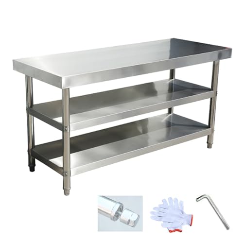 UWYTGF Stainless Steel Table Cooking Table, Kitchen Prep Station, Metal Work Table, Kitchen Island with 3 Shelves, for Home, Kitchen and Dining Room,Thickened 120 * 50 * 80 Three