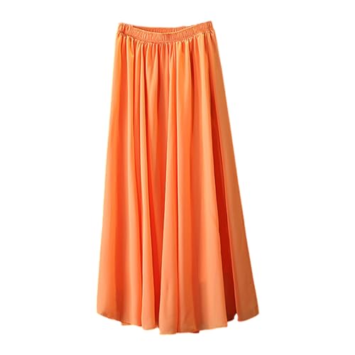 Women Elastic Waistband Pleated Chiffons Long Skirt Elegant Solid Color High Waist A Line Flared Beach Flowy Skirts