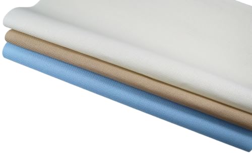 Image of KCS 3 pc of 15 inch x 18 inch(38cmx45cm) 16 Count Cross Stitch Cotton Aida Cloth Needlework Rolled Fabric Box,16CT,Light Blue+Khaki+Antique White