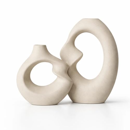 Image of SPHINX Ceramic Vase - Asymmetric Donut Vase Set Hollow Design (8.5 and 6 Inch) | Modern Decorative Flower Pot for Pampas Grass, Dried Flowers, Home, Living Room & Office Decor