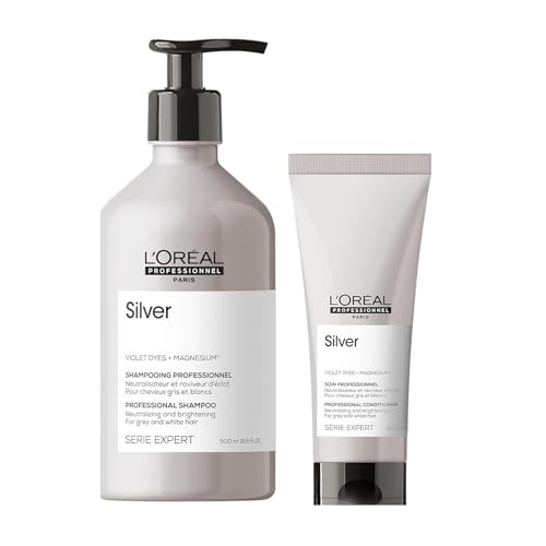 L'Oréal Professionnel Pflegeduo für weißes, graues & blondiertes Haar, Violett Pigmente, Anti-Gelbstich, Serie Expert, Silver Shampoo & Conditioner