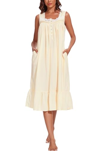 Image of AVIIER 100% Cotton Nightgowns for Women Sleeveless Sleep Dress Ladies Gowns Sleepwear with Pockets