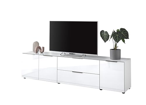Stella Trading TV-Lowboard Santorin in Weiß, TV - TV Schrank für TV bis 77 Zoll mit viel Stauraum für Ihr Wohnzimmer - 226 x 55 x 40 cm (B/H/T)