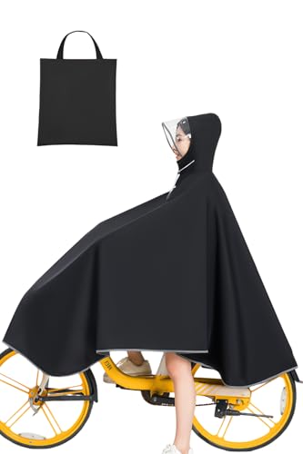 [LeafIn] レインコート 自転車 メンズ レディース ポンチョ レインポンチョ カッパ 反射テープ 反射材付きで 透明バイザー 超軽量 梅雨 豪雨対策 自転車用レインコート 収納袋付き B25-2 (ブラック, B25-2)