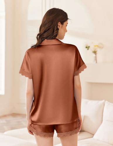 Image of Ekouaer Womens Lace Satin Pajama Set Button Down Pj Shorts Set Bridesmaids Getting Ready Outfits Casual Sleepwear XS-XXL