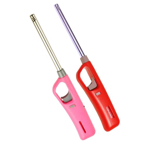 Image of Genesis Refillable Windproof Gas Flame Lighter Long Reach Utility Lighters for Kitchen, Stove, BBQ, Candles, Camping Indoor Outdoor Use, Refillable Gas Safety Lighter (Pink, Red) (Pack of 2)