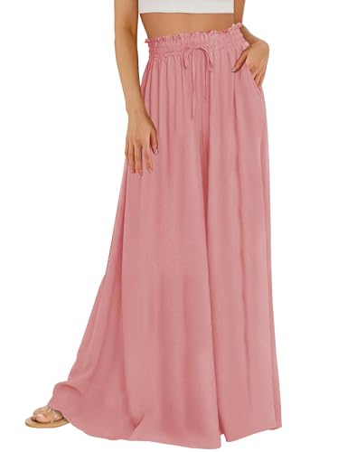 Buauty Women's Wide Leg Pants High Waist Palazzo Pants Boho Flowy Dress Pants Beach Trousers Casual Lounge Summer Trendy Pink