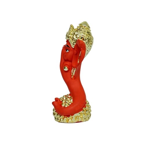Image of Gold Plated Neck Laddu Ganesha | Ganpati Idol for Car Dashboard, Office, Work Desk Desk & Home Temple | Prosperity & Protection |Red & Gold | Height 3.3 Inch