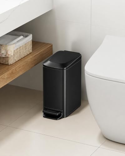 Image of TIPGO Small Bathroom Trash Can with Lid, 1.6 Gal, Soft Close, Matte Black | Stainless Steel, 5.9'' Slim for Narrow Space, Foot Pedal, Soft Quiet Lid, Anti-fingerprint, Removable Inner Bucket, Odor Seal